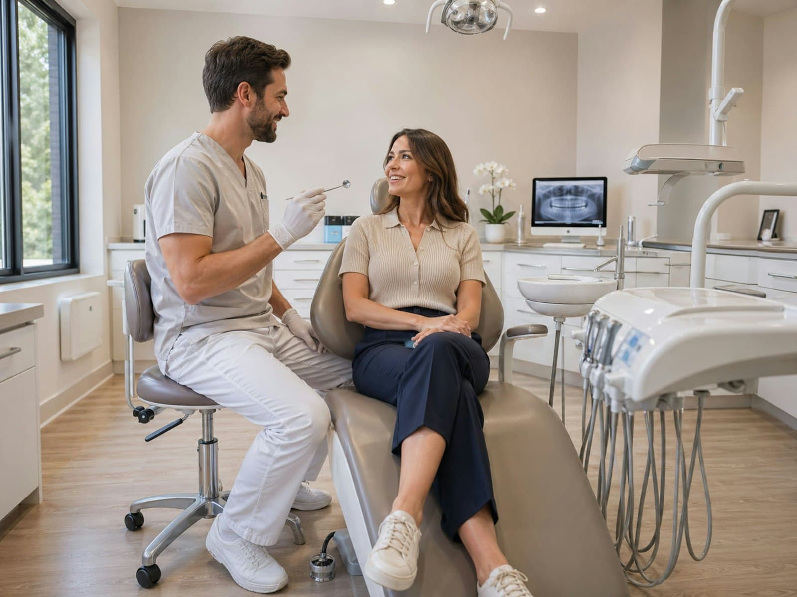 A dentist talking with a patient before treatment